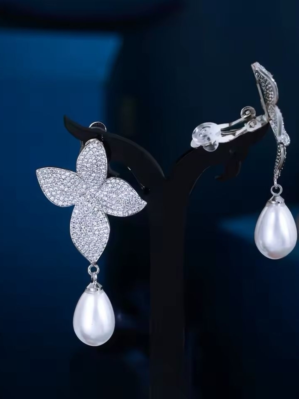 Silver Pavé Flower Clip-On Earrings with White Pearl Drops - Picture 2 of 8